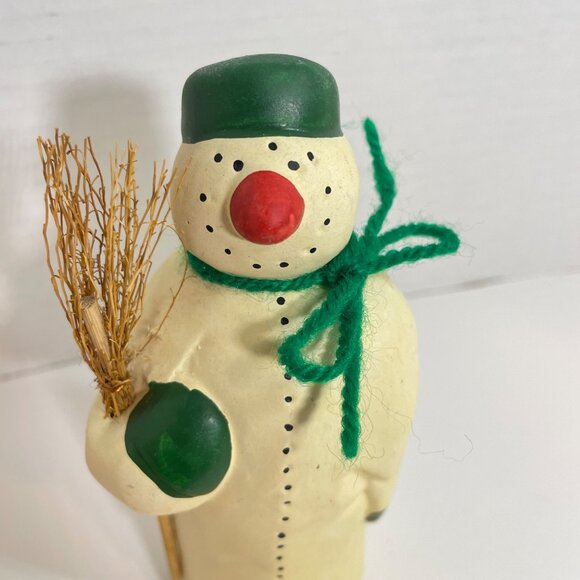 Vintage Snowman Figurine with Green Hat & Scarf Holding Broomstick - Rustic Wint - Picture 10 of 10